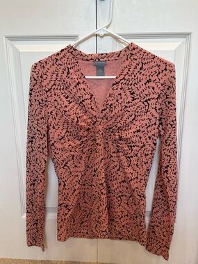 Ann Taylor Coral Pink and Black Leaf-Print V-Neck Top